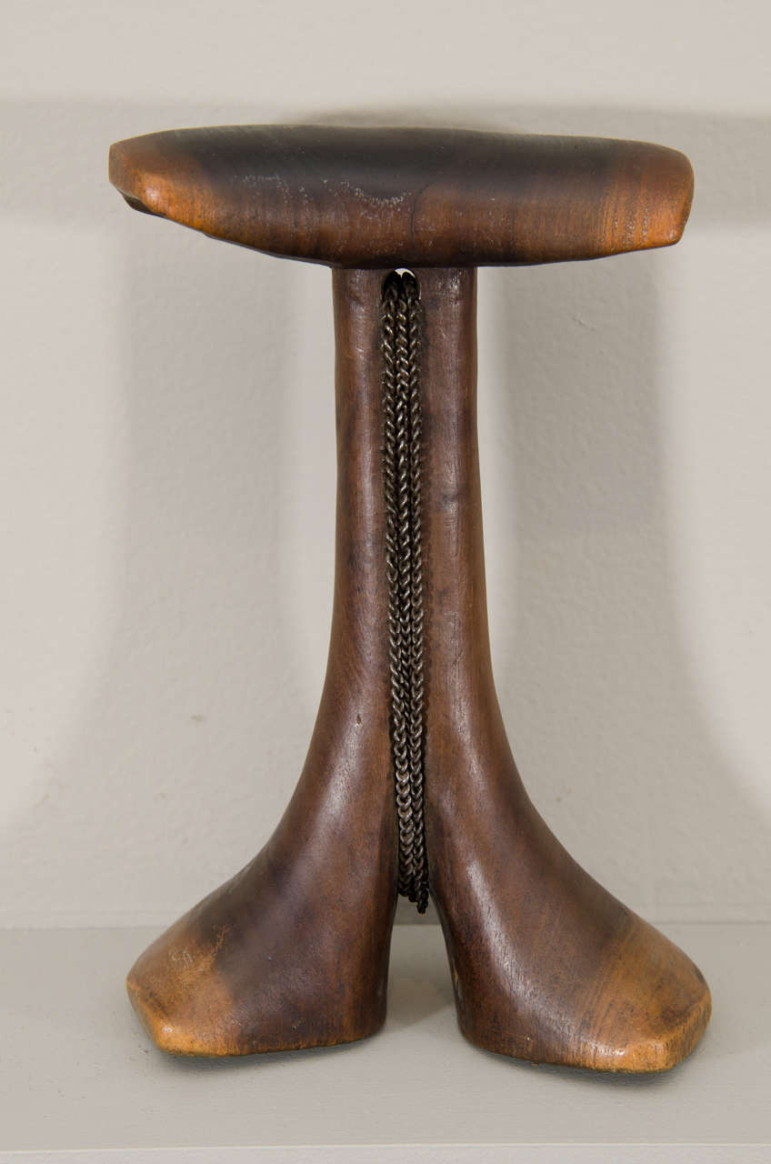 An elegant headrest with chain-link carrying strap from Uganda.

Headrests are used by the nomadic tribes in the Karamoja Savannah and come in various forms. They range from the simple to the elaborately carved artifact. Their styles are similar