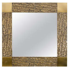 Square Bronze Mirror with Relief Surround and Brass Detail 8