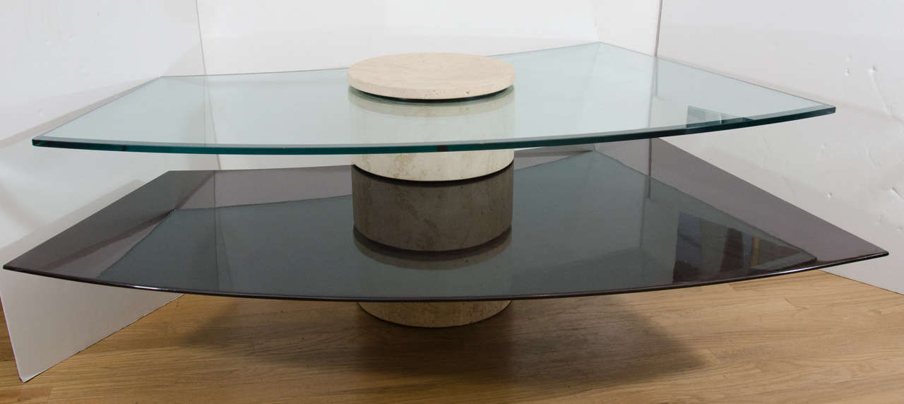 Mid-Century Modern Adjustable Travertine, Wood and Glass Coffee Table
