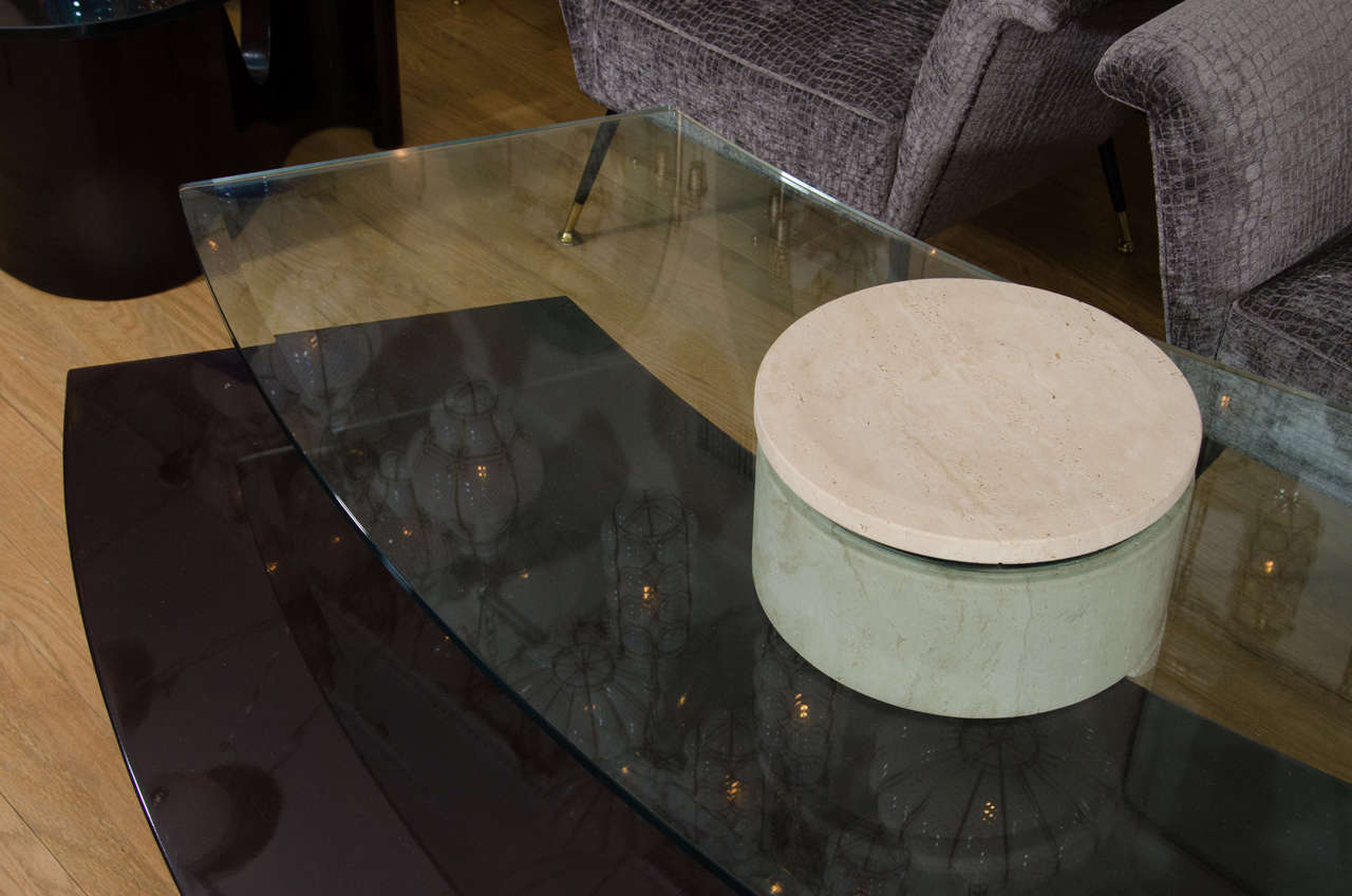 Adjustable Travertine, Wood and Glass Coffee Table 1