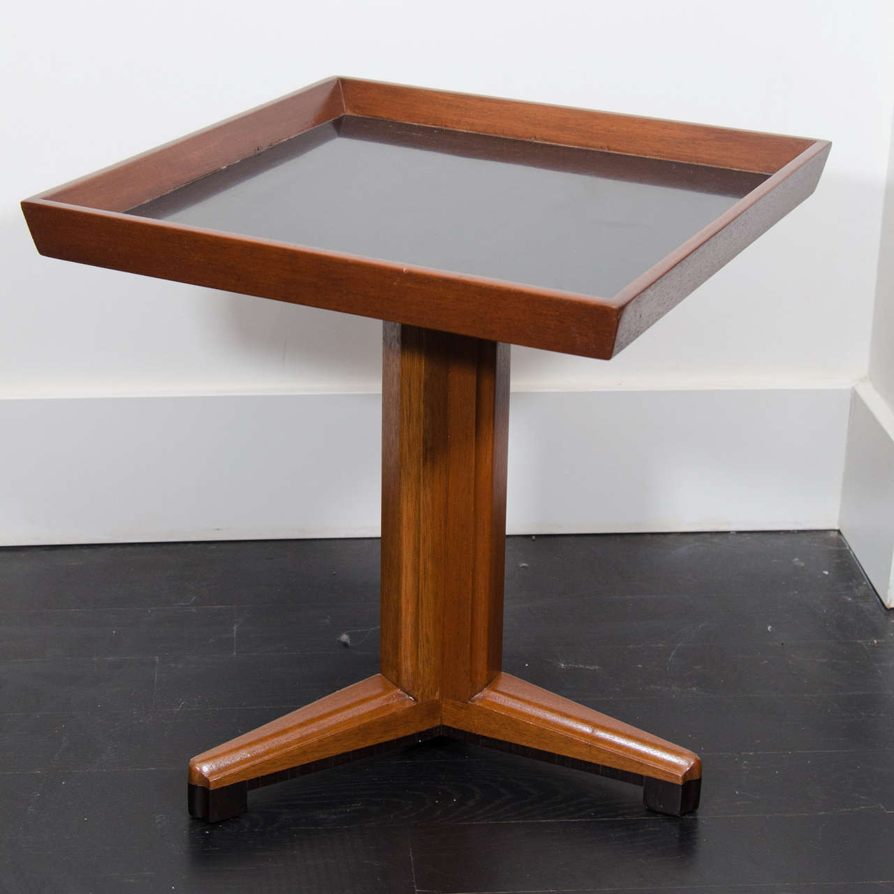 Pair of Dunbar tables with square laminated tops and two tone legs.