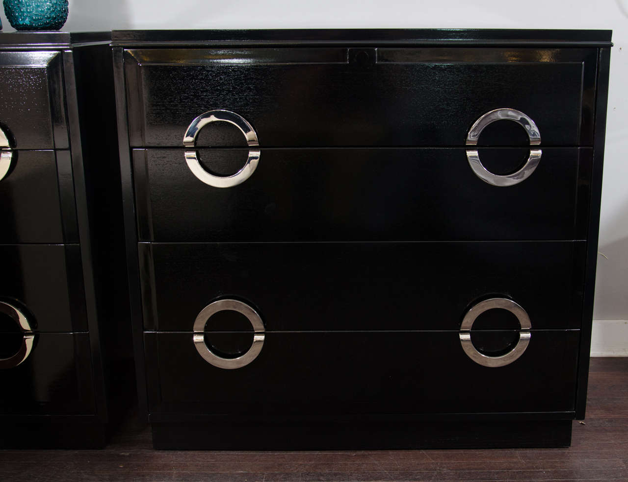 American Pair of Ebonized and Nickel Dressers in the Manner of James Mont