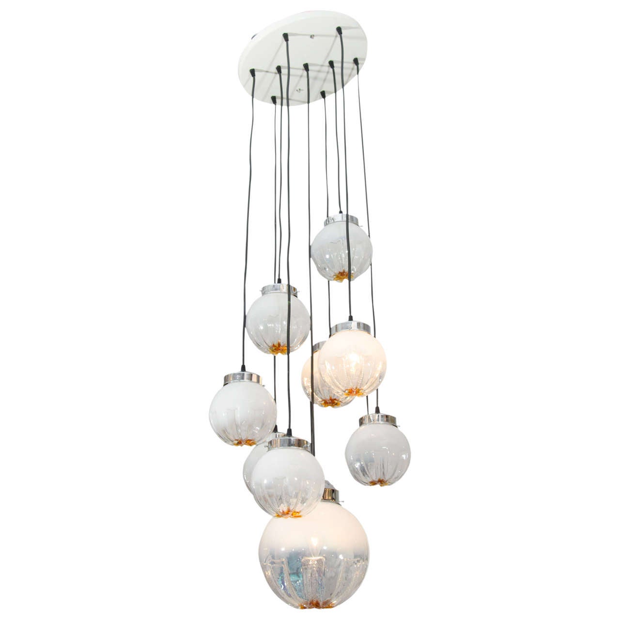 1970s Mazzega Pendant Chandelier with Nine Opaline and Amber Globes