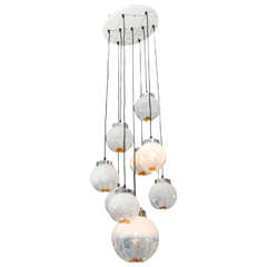 1970s Mazzega Pendant Chandelier with Nine Opaline and Amber Globes