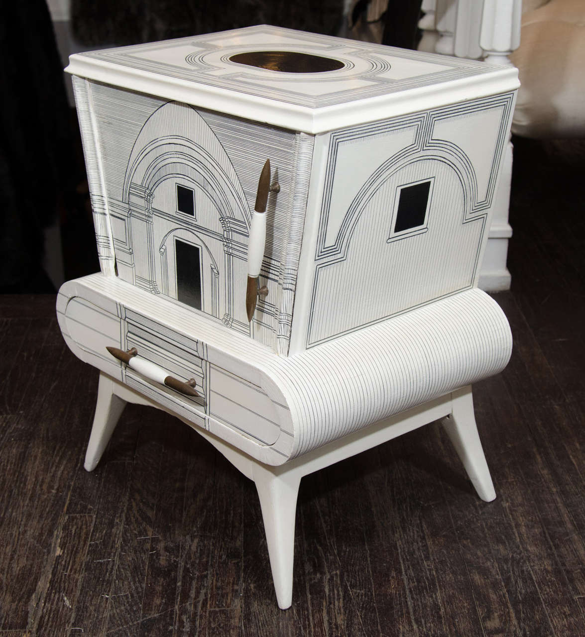Pair of vintage nightstands in the style of Fornasetti.