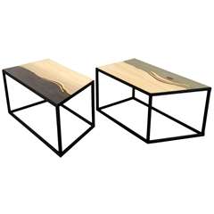 An Unusual Pair Of End  Tables Displaying Wood Veneered Tops