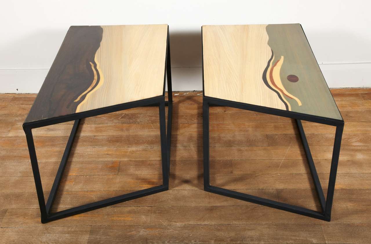 French An Unusual Pair Of End  Tables Displaying Wood Veneered Tops