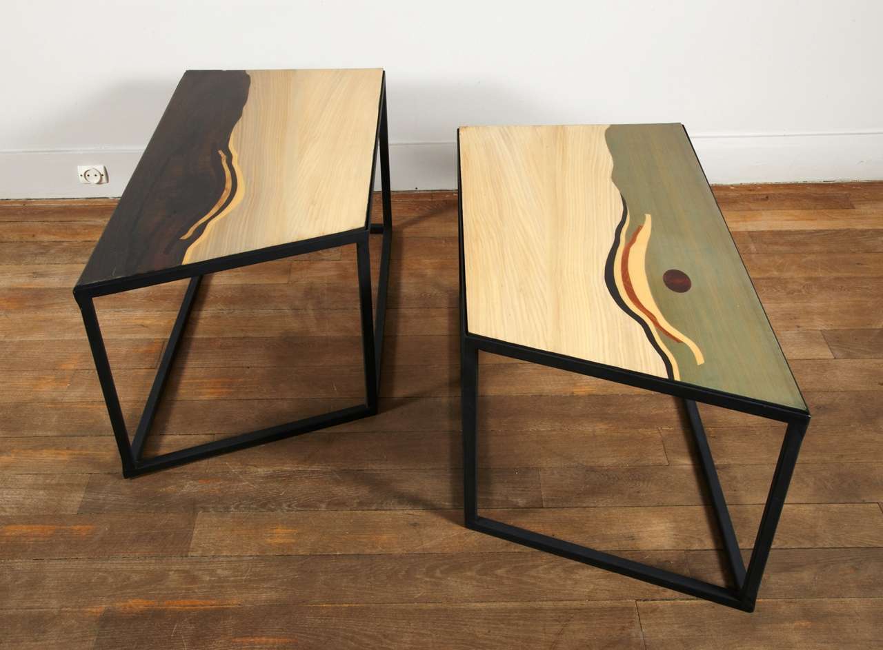 An Unusual Pair Of End  Tables Displaying Wood Veneered Tops 2