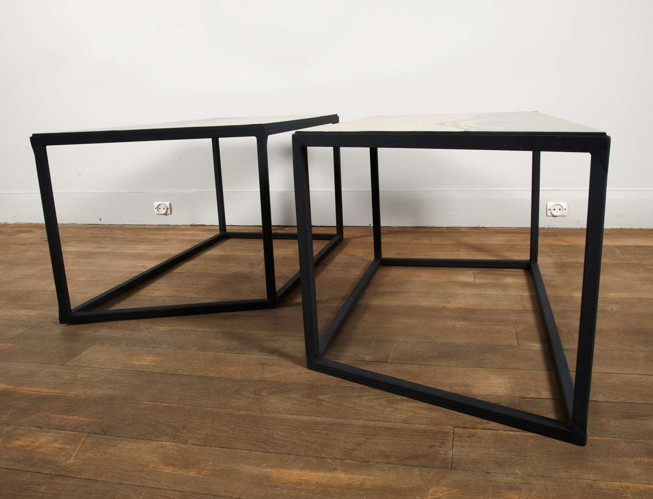 An Unusual Pair Of End  Tables Displaying Wood Veneered Tops 3