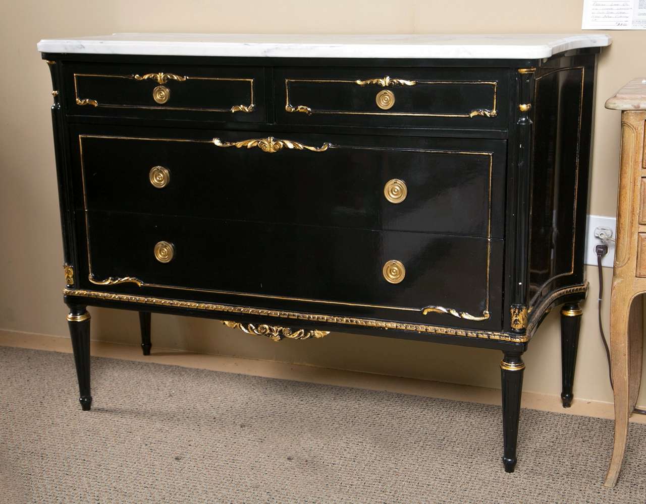 Jansen Louis XVI Black Lacquer Ormolu Commode