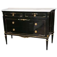 Jansen Louis XVI Black Lacquer Ormolu Commode