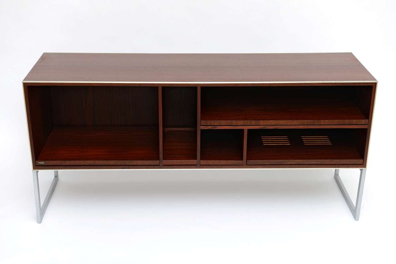SOLD   Audiophile delight...very rare MC40 audio component cabinet,  this custom open front cabinet by Bang & Olufsen, finished in Brazilian rosewood with aluminum edges...with ease of use slide out shelves, built in ventilation and hidden preset