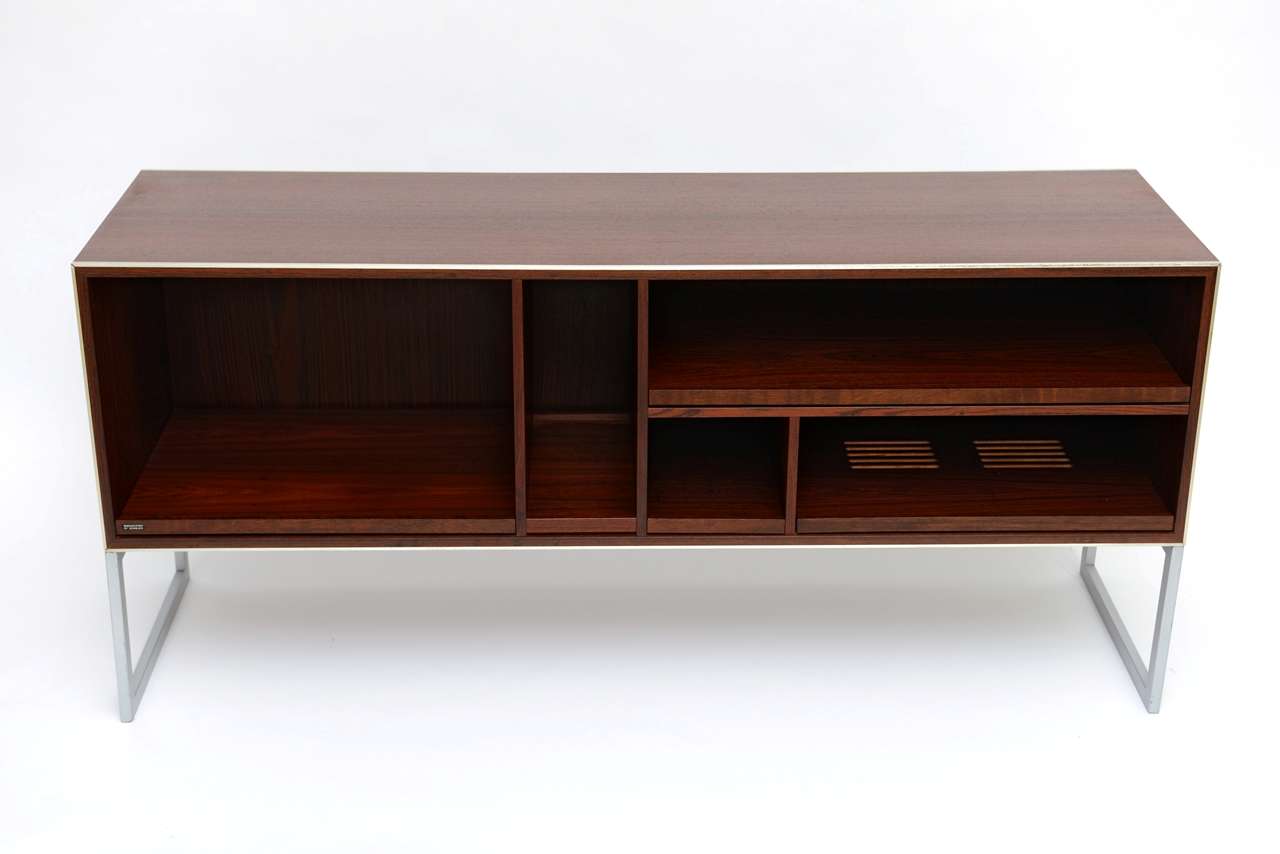 SOLD   Audiophile delight...very rare MC40 audio component cabinet,  this custom open front cabinet by Bang & Olufsen, finished in Brazilian rosewood with aluminum edges...with ease of use slide out shelves, built in ventilation and hidden preset