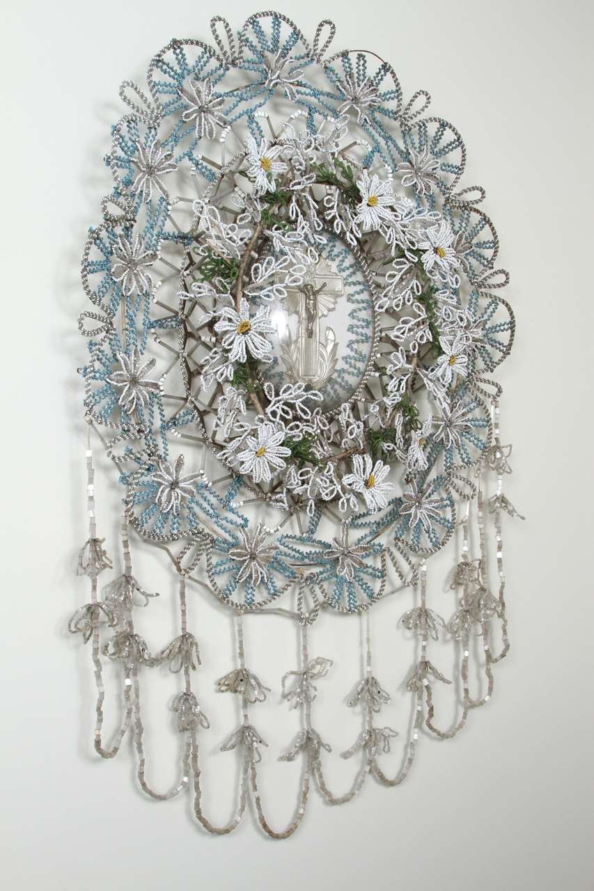 Antique Beaded Religious Wall Hanging hand-made by Nuns at a Convent in Straussbourg, France in the Alsace Region of France on the German Border.  C.1900-1910 