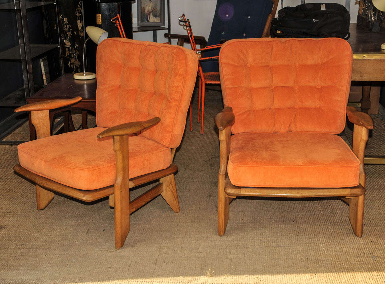 Pair of 1960's Guillerme et Chambron armchairs in light solid oak. New velvet fabric. Good condition. Normal wear consistent with age and use.