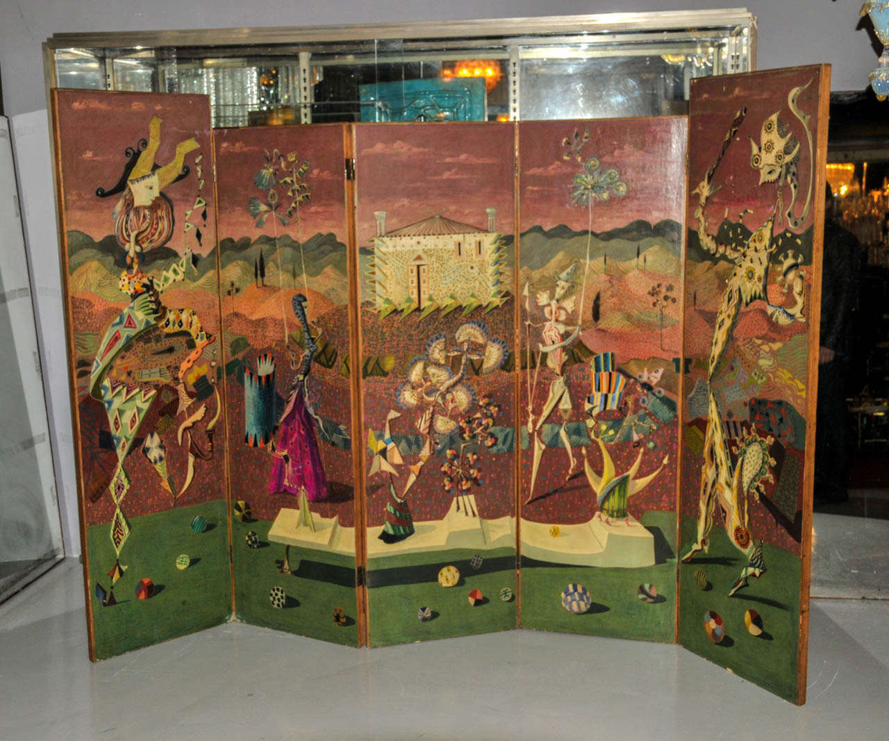 Large 1950's paitend surrealist screen. Five panels painted on one face. Wood painting by Bruno Capacci (1917-1996). Good condition. Normal wear consistent with age and use. 

Dimension :

Height: 160cm for 3 panels and 170cm for 2