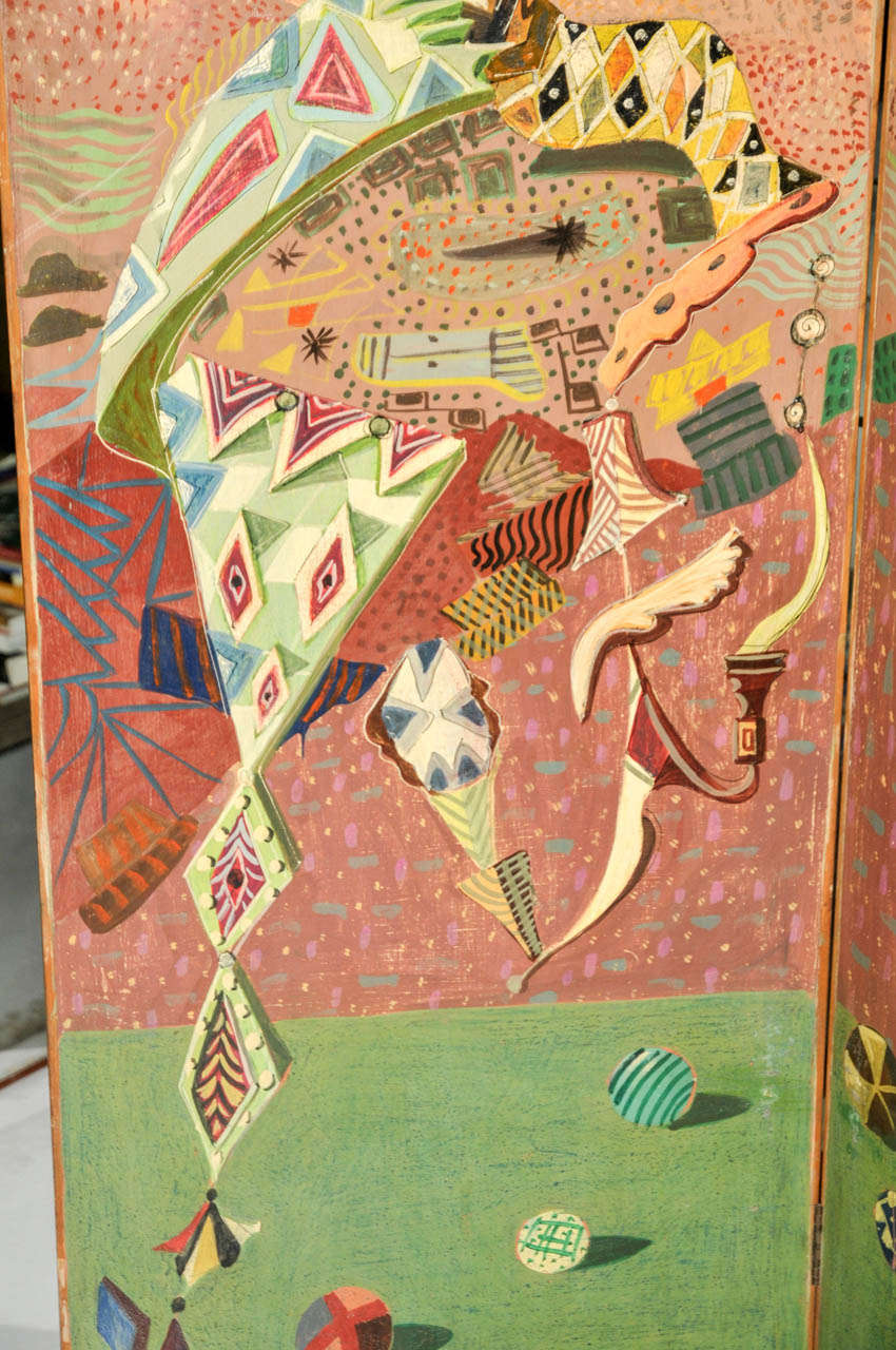 Italian Large 1950's Painted Surrealist Screen For Sale