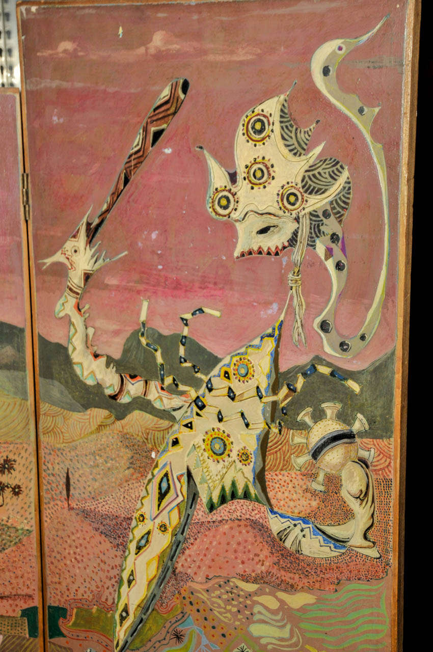 Mid-20th Century Large 1950's Painted Surrealist Screen For Sale