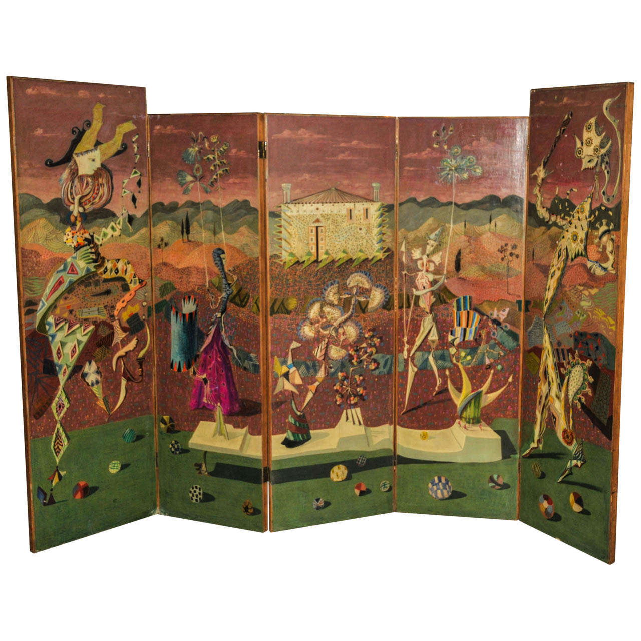 Large 1950's Painted Surrealist Screen For Sale