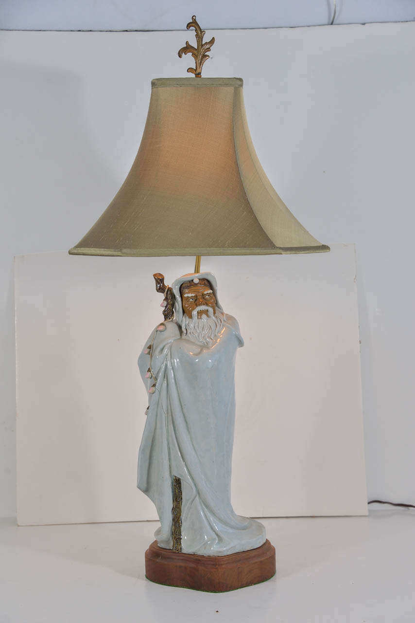 Asian Figure, 1970's Figure, Mounted on Custom made Base, as Table Lamp.  priced without lampshade.  Lampshade shown 175.00 Silk.