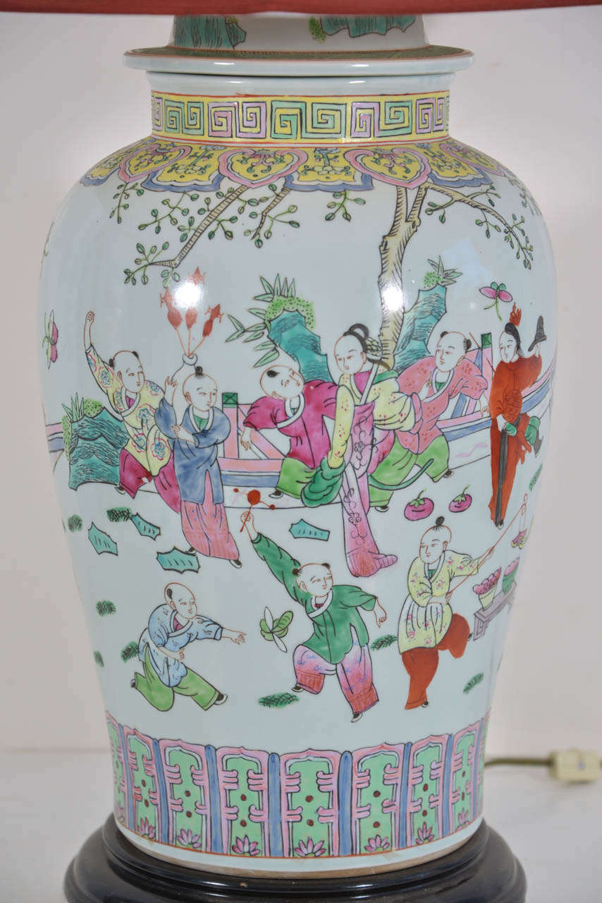 Porcelain Asian Temple Jar as Table Lamp For Sale