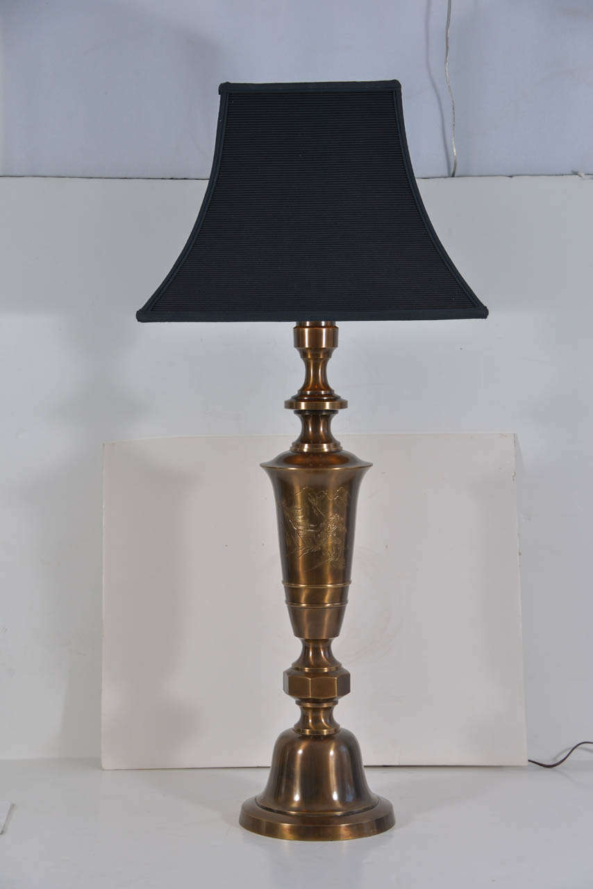 Bronze finish candlesticks, wired as table lamps, circa 1940s, with new electrical wiring, UL approved. Priced without shades shown. Shades shown are 18