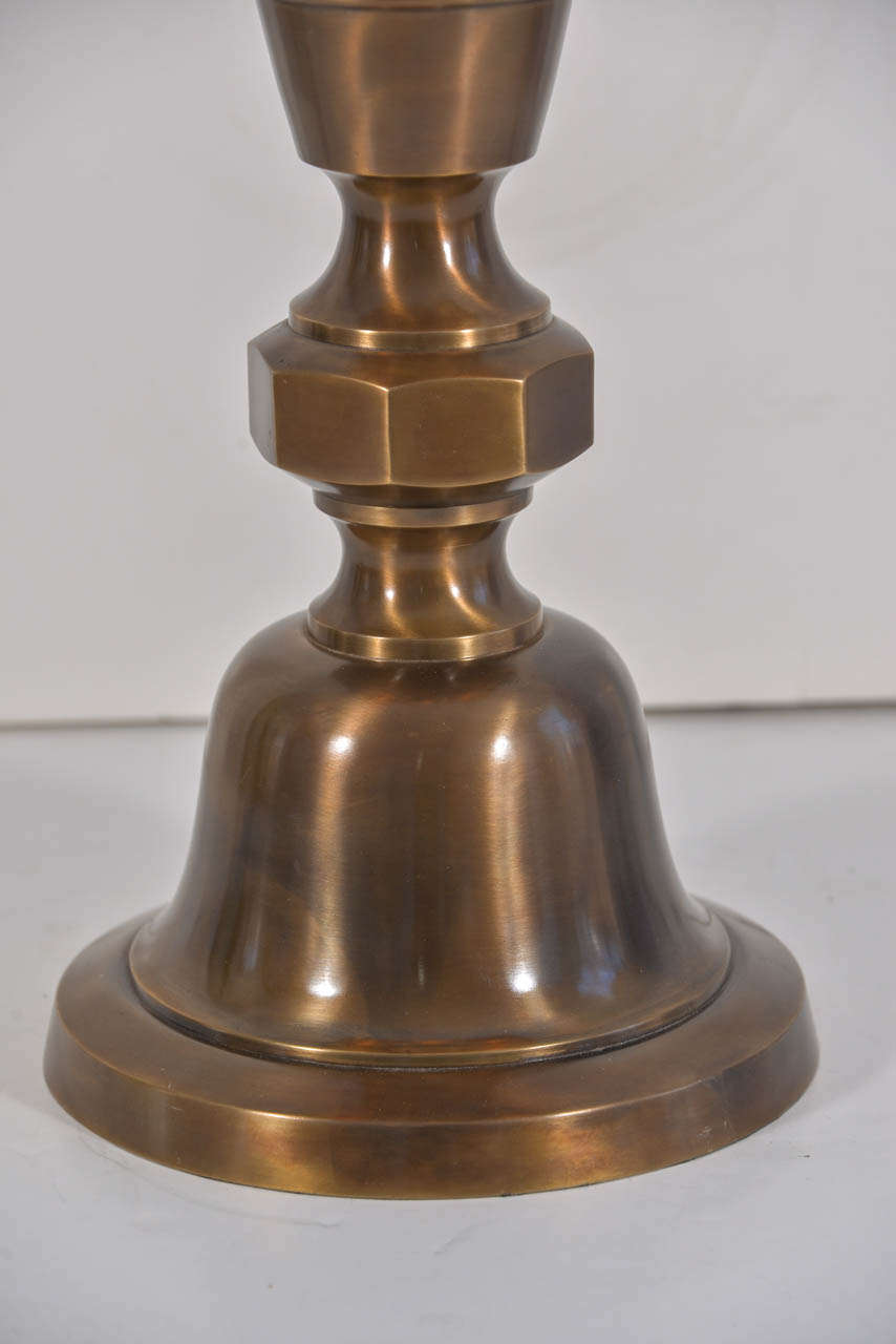Bronze Finish Asian Candlesticks as Table Lamps In Excellent Condition For Sale In Austin, TX