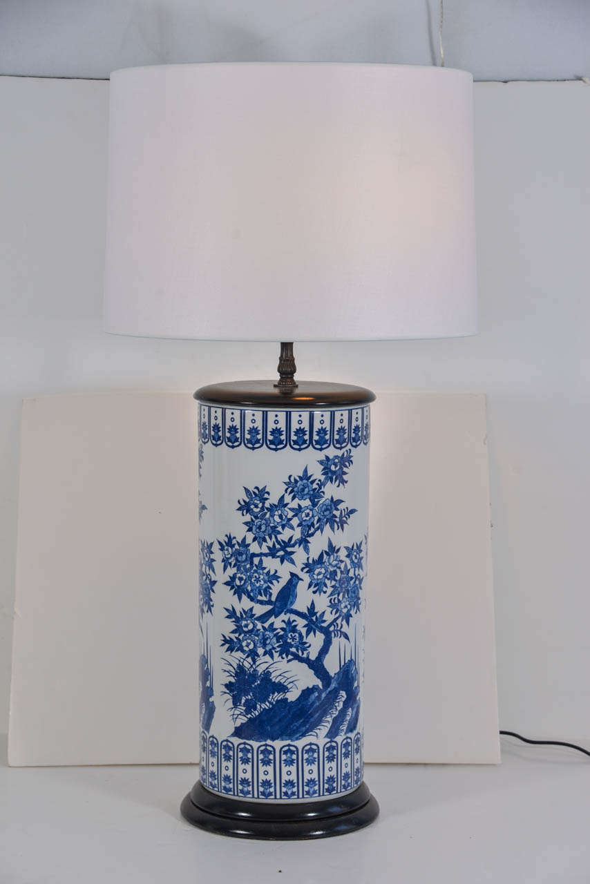 Blue and white Porcelain, Asian Design Umbrella Stand  as a lamp. Priced without lamp shade.  Lamp shade is 18