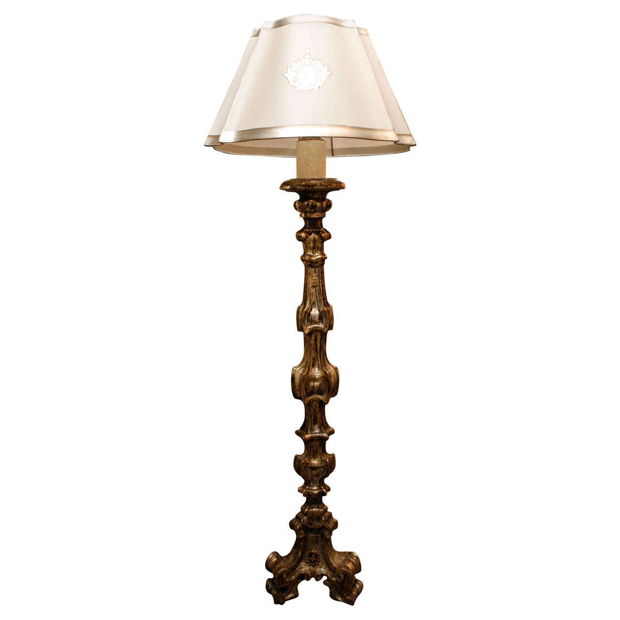 Antique Carved and Gilded Floor Lamp with Custo Shade For Sale