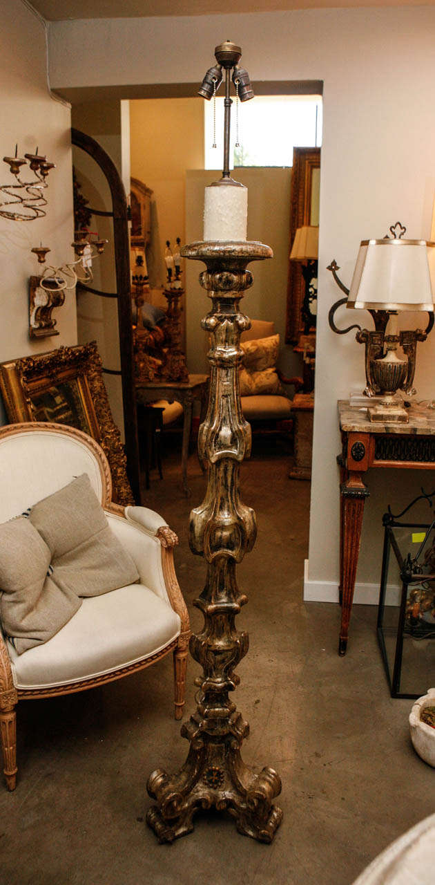 Baroque Antique Carved and Gilded Floor Lamp with Custo Shade For Sale