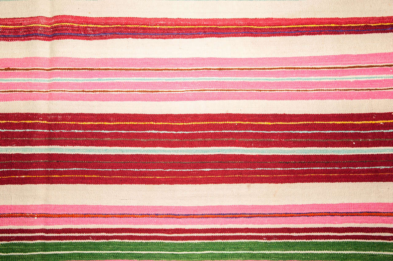 Hand-Woven Vintage Colorful Striped Tunisian Flat-Weave Rug For Sale