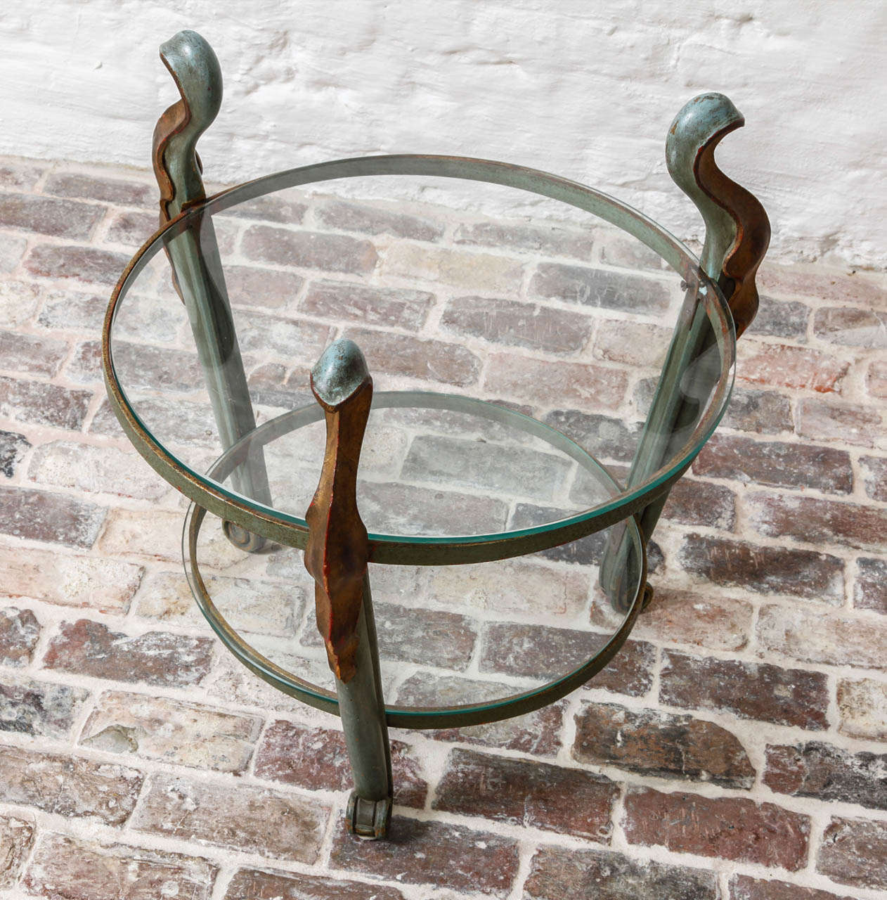belgian art nouveau coffee table,
two glas tops
wooden frame in gold and faded moss green paint
