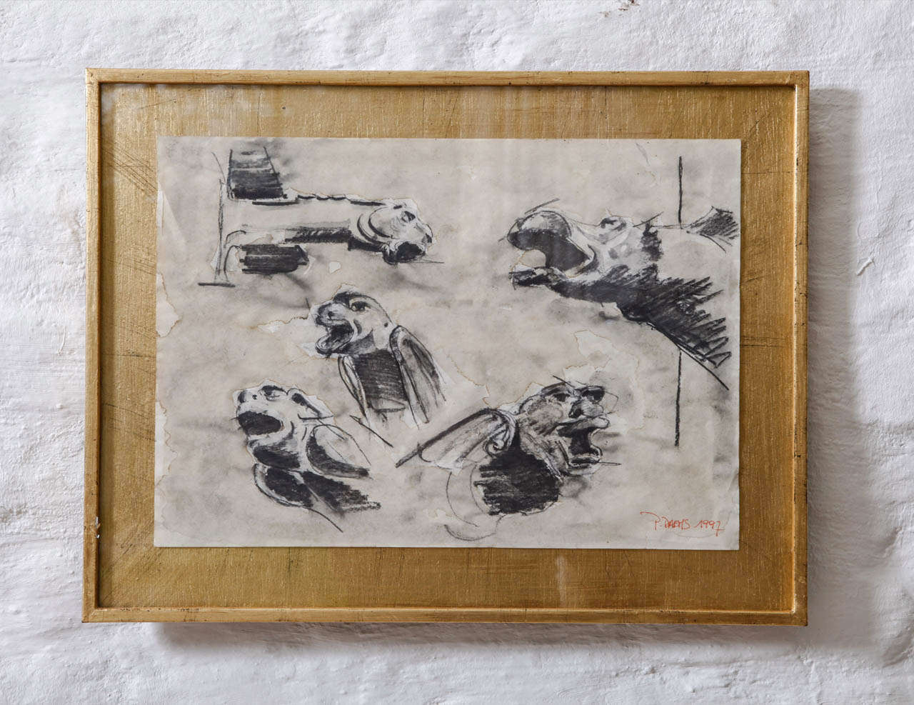 French gargoyle drawings,
set of four,
two silver patinated frames and two gold ones