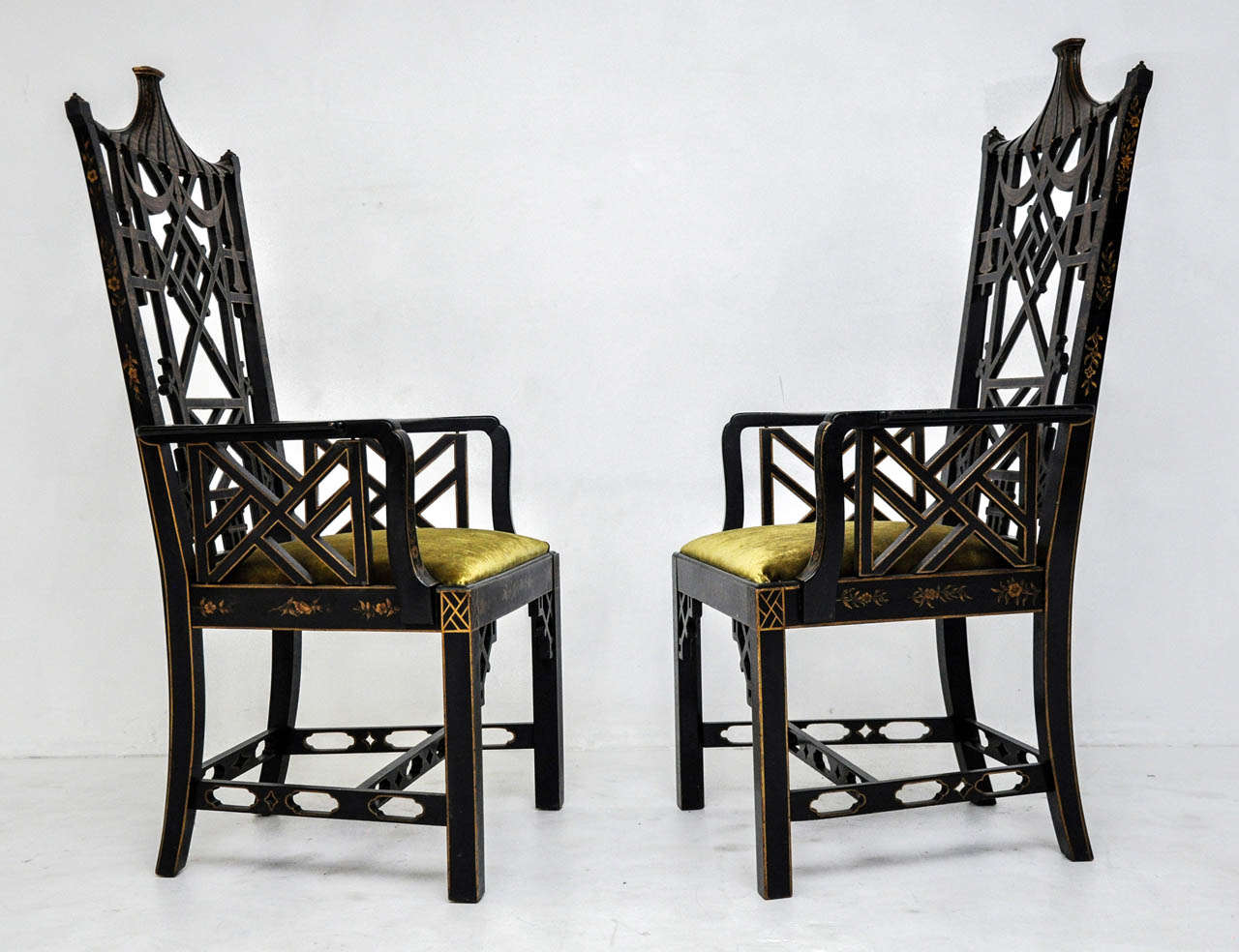 Wood Chinese Chippendale High Back Chairs