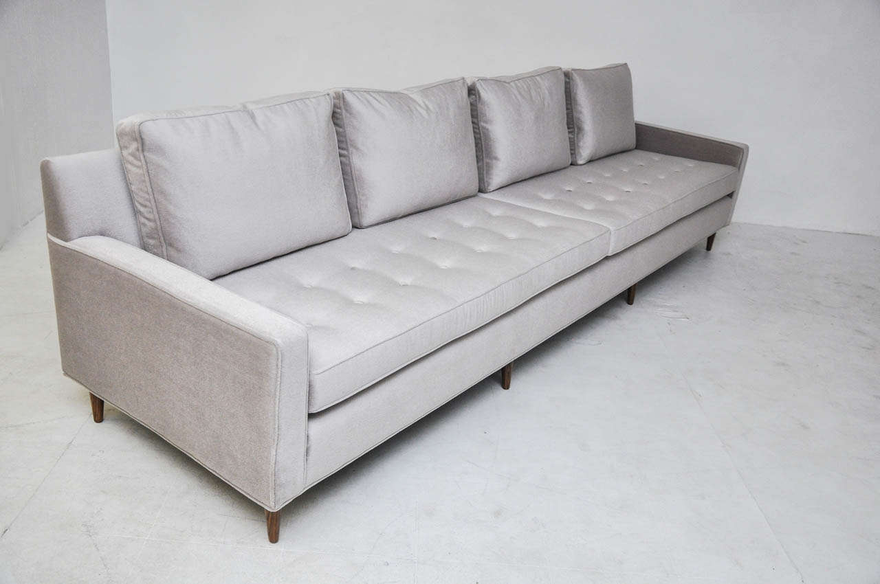 10-foot sofa designed by Harvey Probber.  Fully restored.  New mohair upholstery with down back cushions.