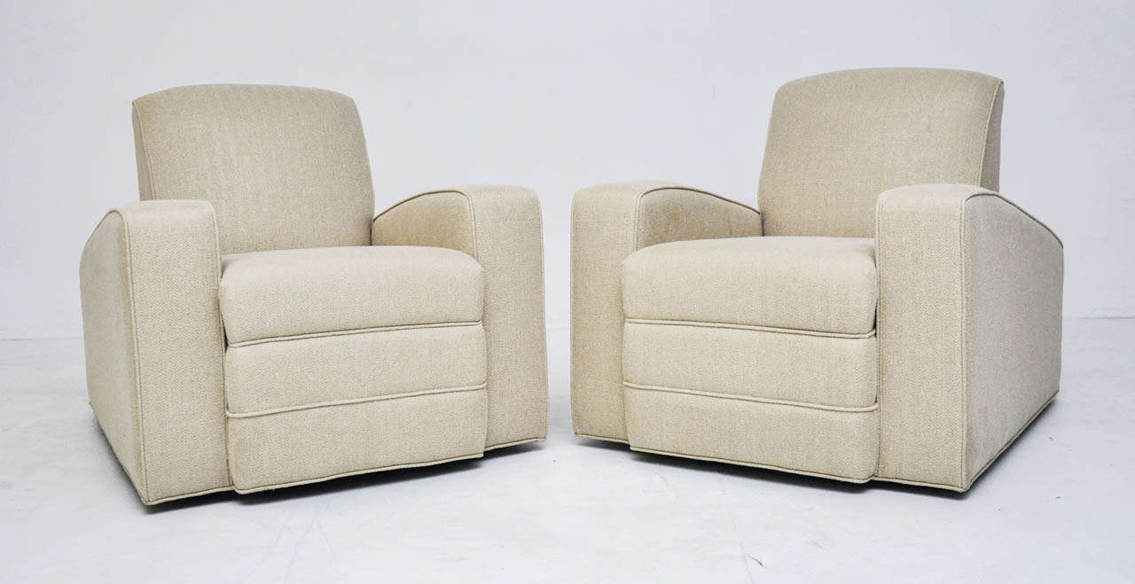Pair of Art Deco lounge chairs.  Fully restored and reupholstered.
