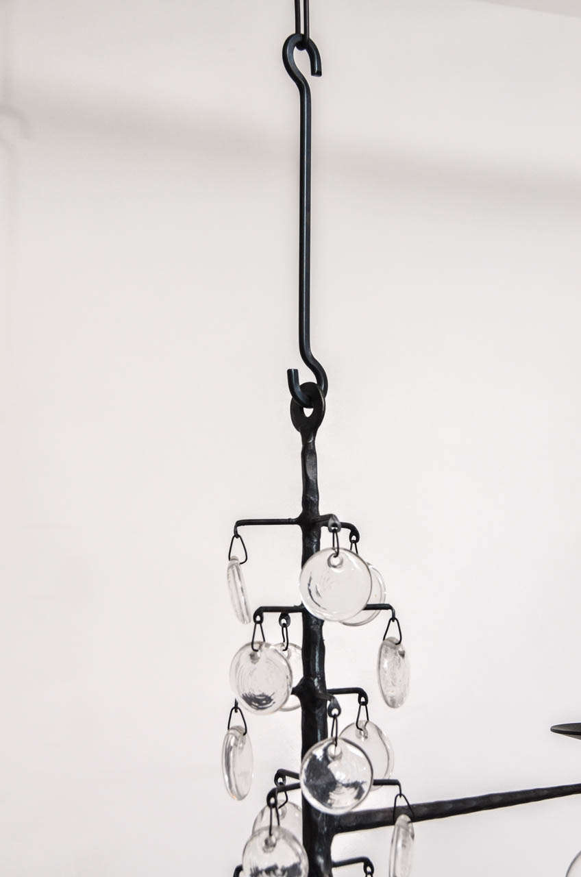 20th Century 1960's Erik Hoglund Iron Candelabrum With Boda Relief Prisms And Clear Glass Decor.