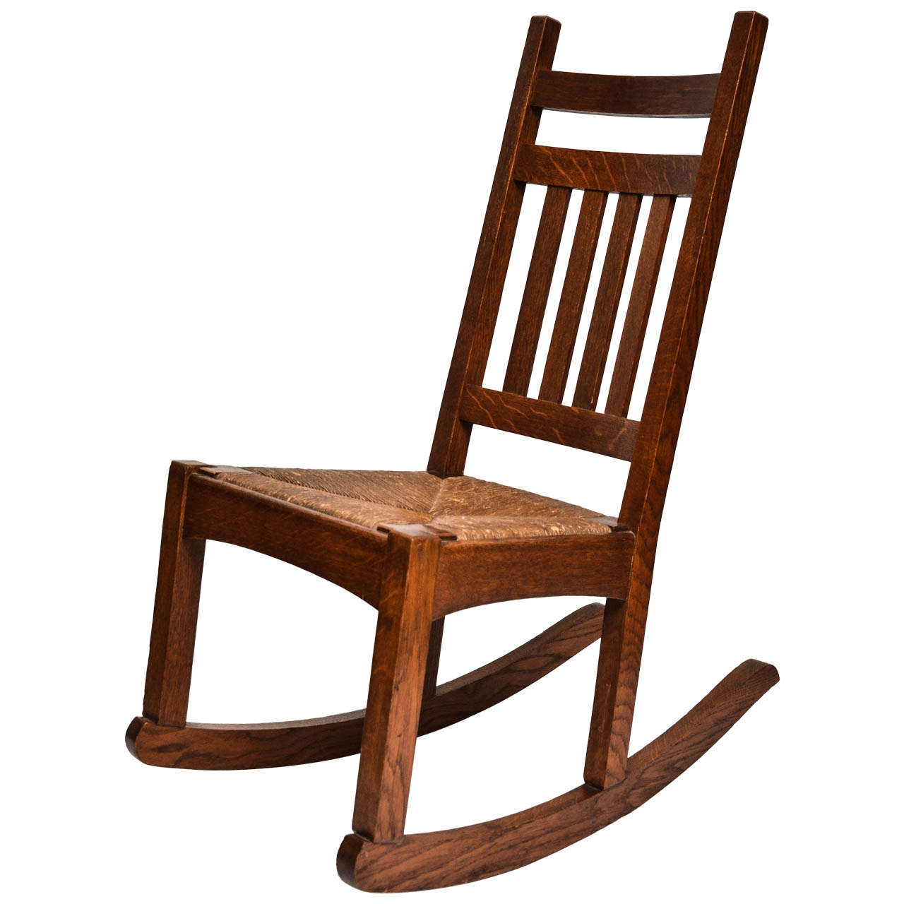 Michigan Chair Company Mission Oak Rocker with Original Rush Seat For Sale