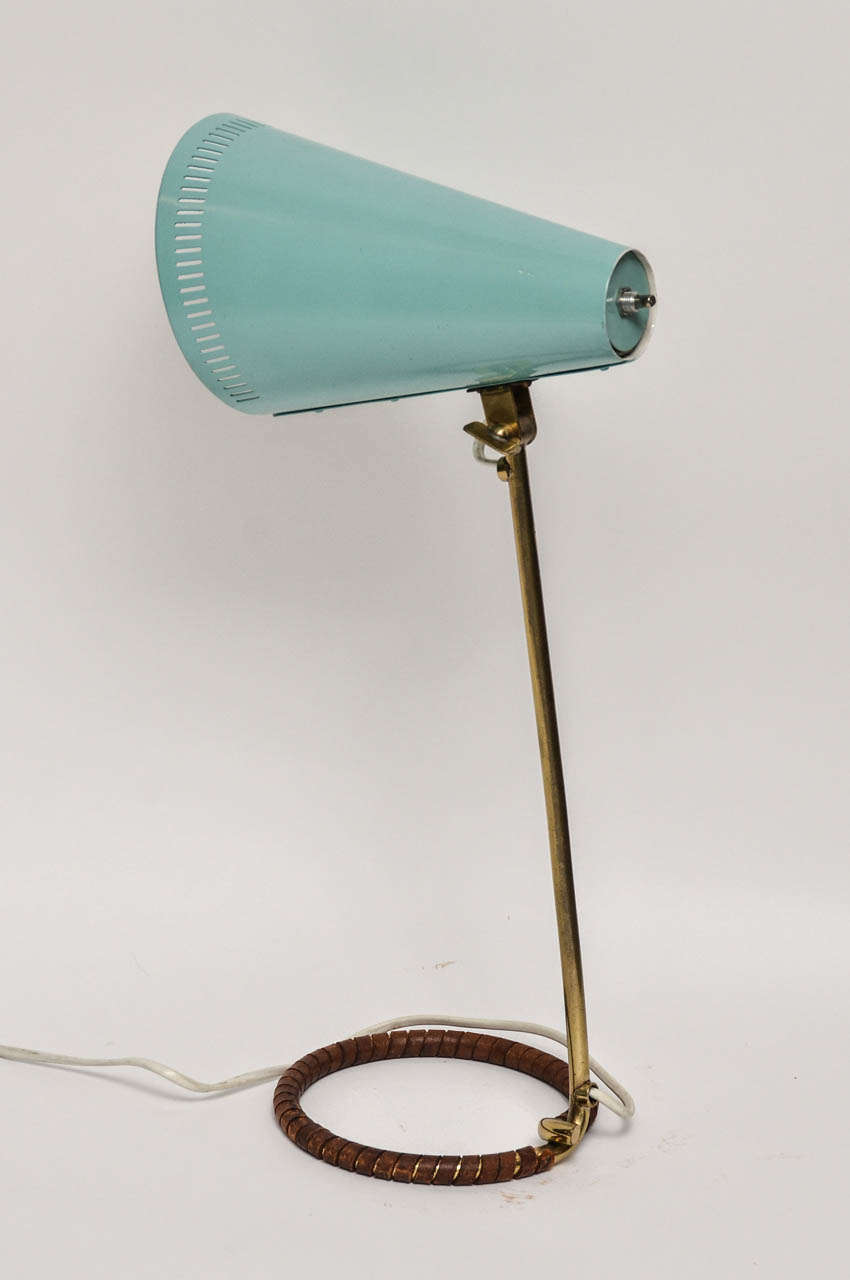 Finnish Pair of Idman Table Lamps in Brass with Turquoise-Hued Adjustable Helmet Shades