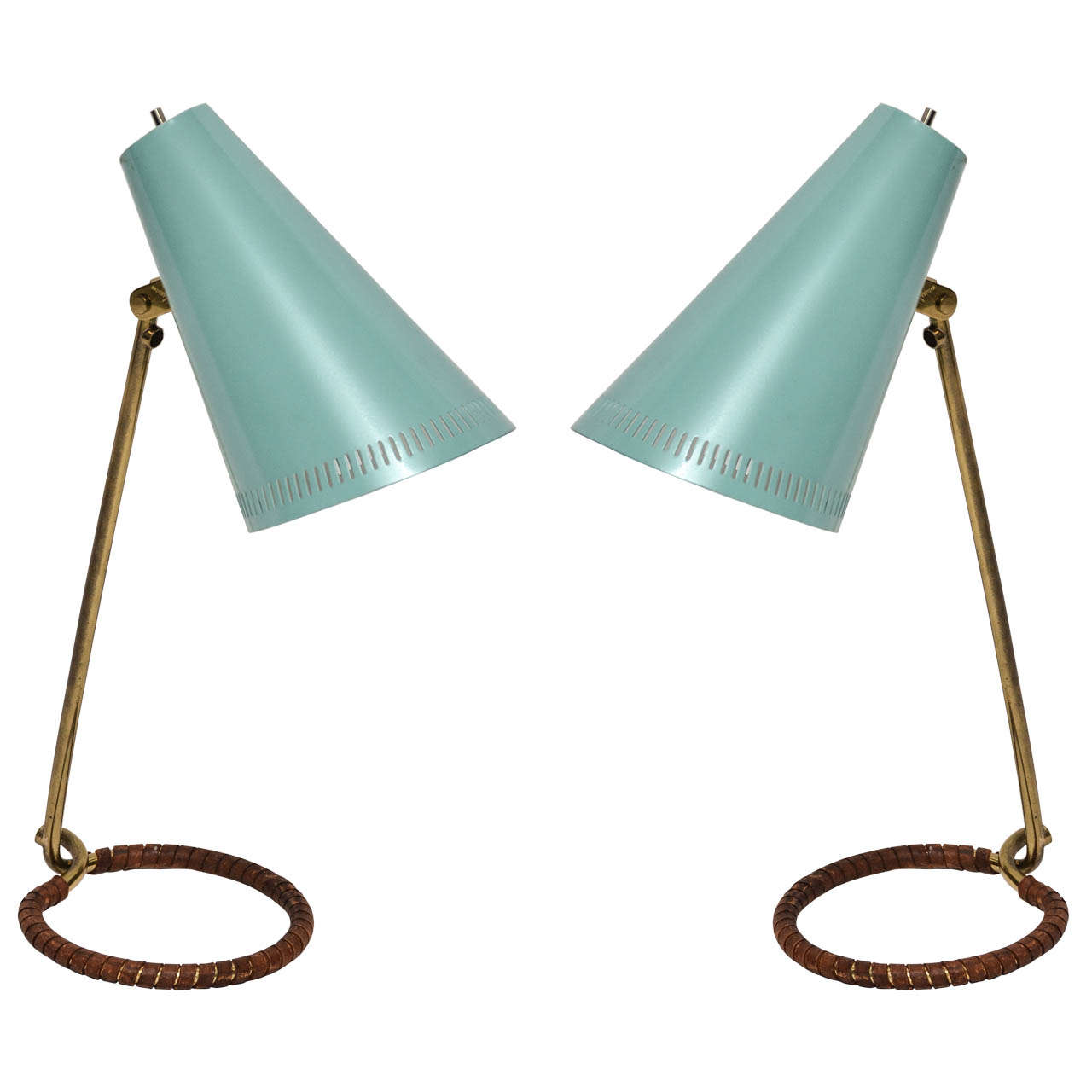 Pair of Idman Table Lamps in Brass with Turquoise-Hued Adjustable Helmet Shades
