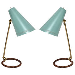 Vintage Pair of Idman Table Lamps in Brass with Turquoise-Hued Adjustable Helmet Shades