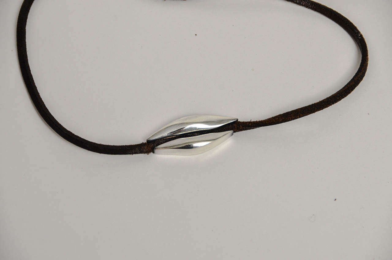 Danish Georg Jensen Silver and Leather Necklace by A. Kraen, circa 1960 For Sale