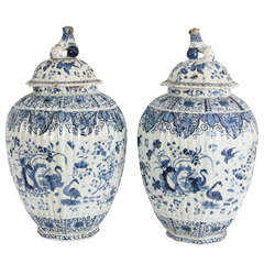 Large Pair of Blue and White Rouen Vases with Covers