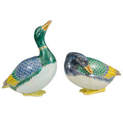 Midcentury Pair of Decorative Asian Inspired Ceramic Sculptural Ducks