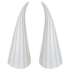 Vintage Pair of Murano White and Clear Glass Striped Conical Lamps by Vetri 3