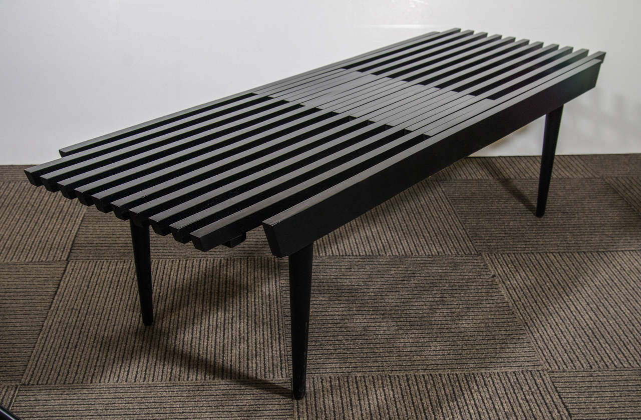 A Midcentury Adjustable Black Slat Bench