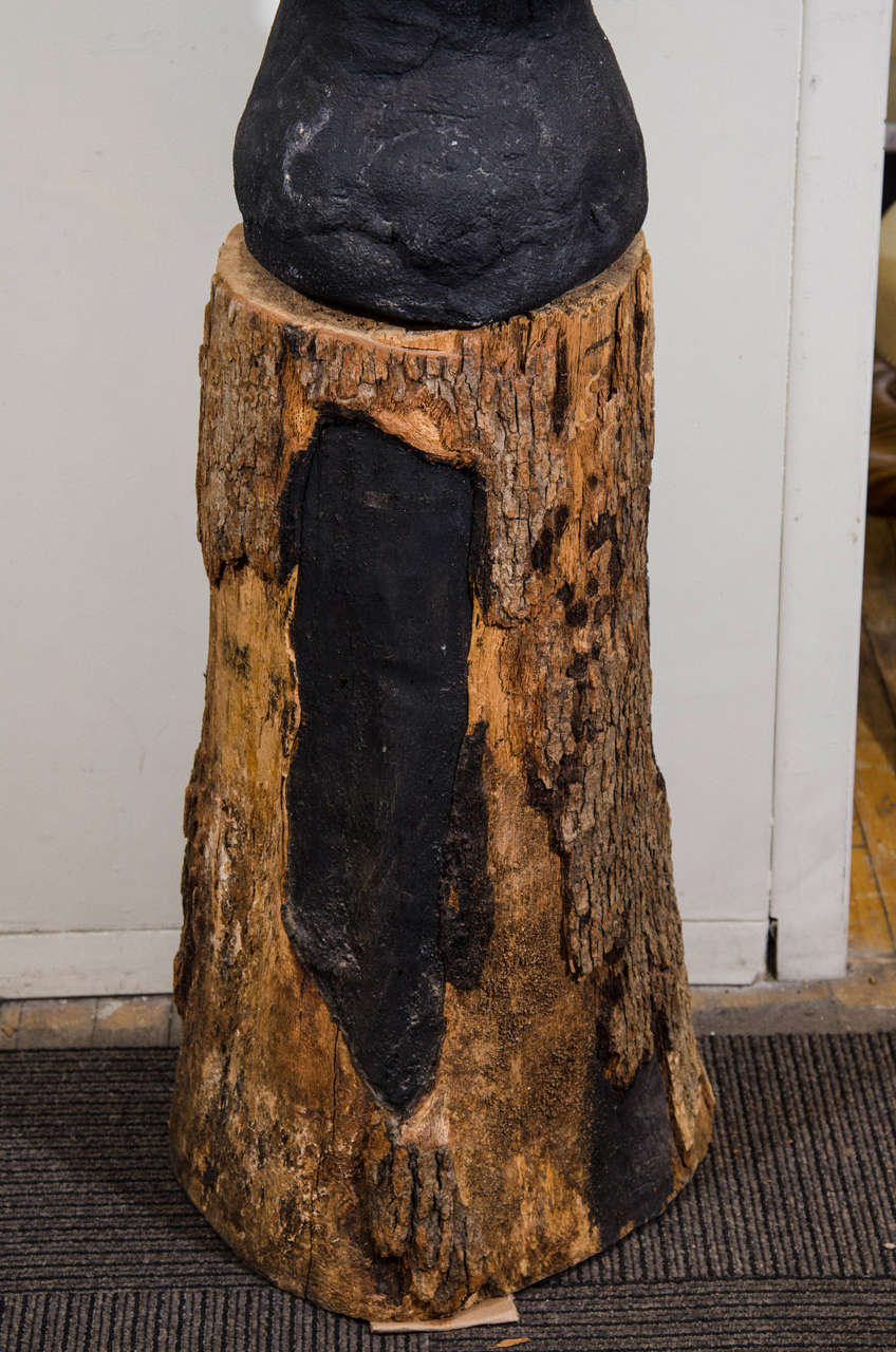 Japanese Midcentury Black Fertility Sculpture on a Tree Trunk Base For Sale