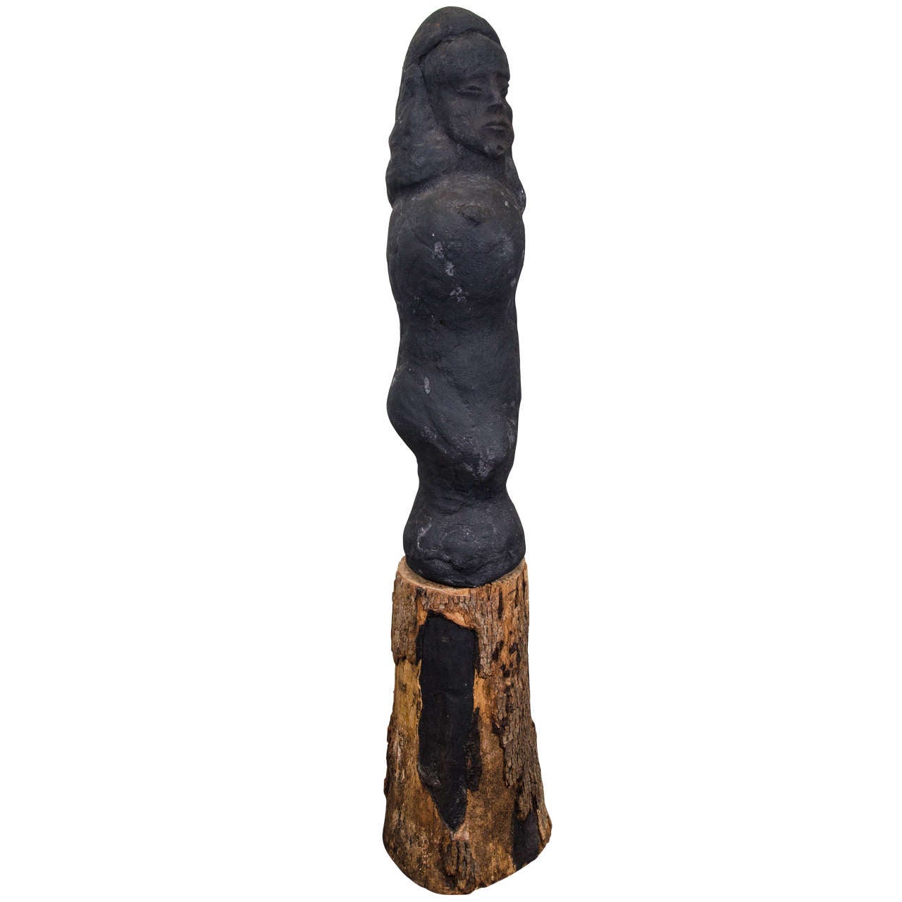 Midcentury Black Fertility Sculpture on a Tree Trunk Base For Sale
