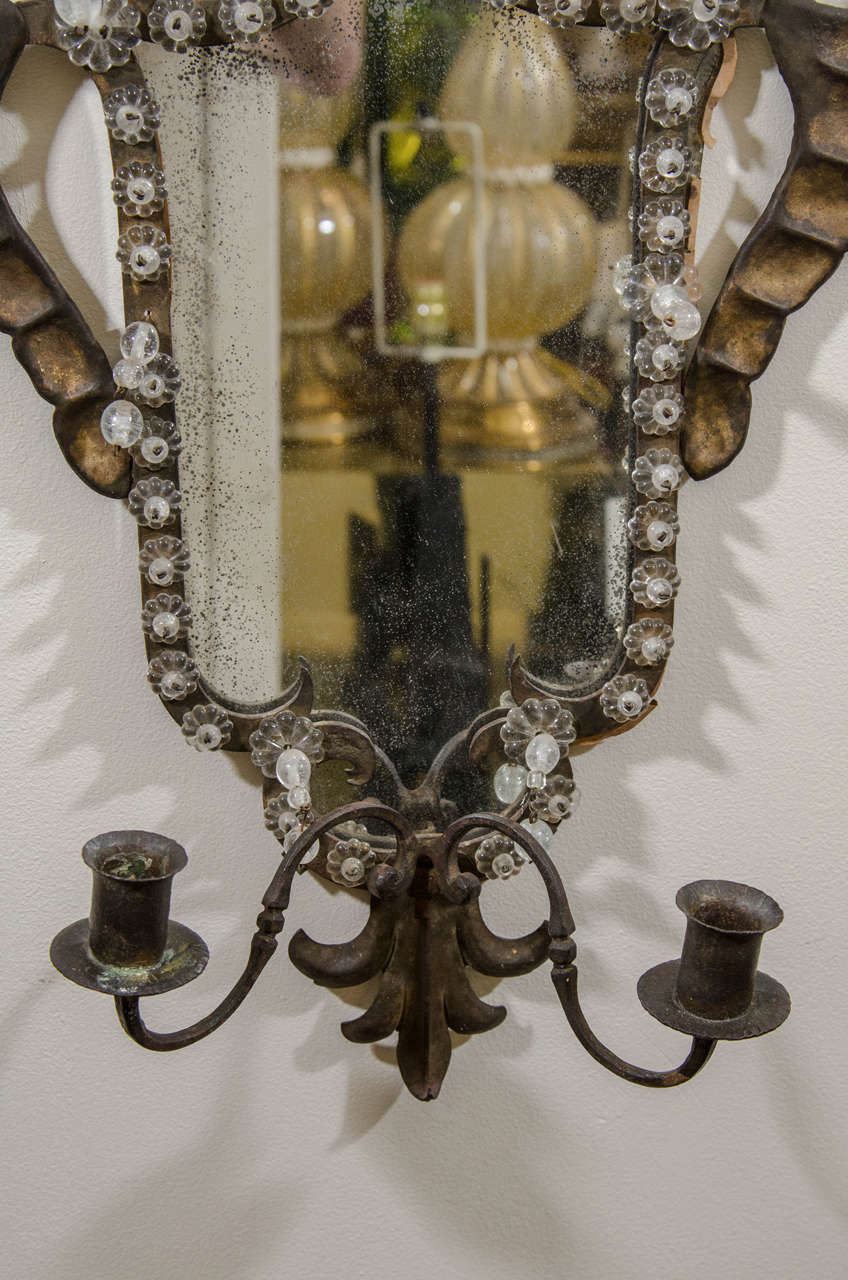 Italian Antique Pair of Venetian Mirrored Wall Sconces in Hand-Wrought Iron