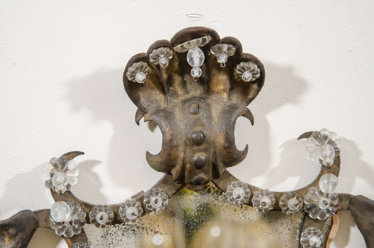 18th Century and Earlier Antique Pair of Venetian Mirrored Wall Sconces in Hand-Wrought Iron